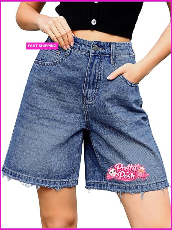 Pants - Baggy Bermuda Jean Shorts - Loose Fit Wide Leg Knee Length with Elastic Waist